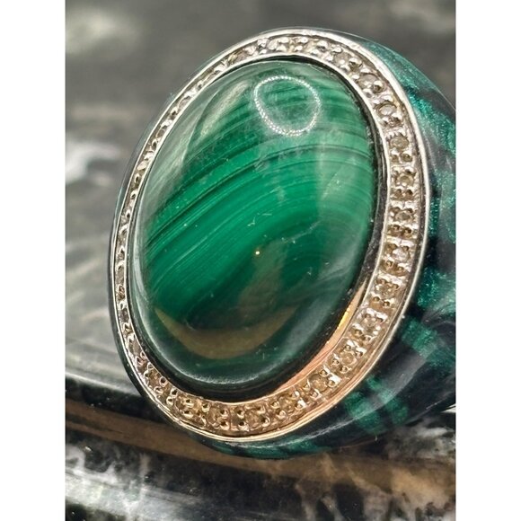 Sterling Silver 925 Malachite Centerstone Ring With Diamond Halo - Picture 2 of 9